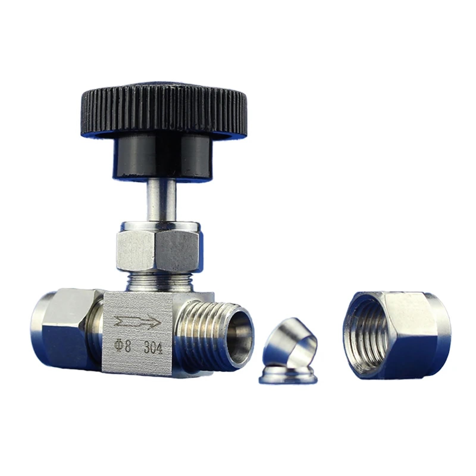 Podwójny zawór igiełkowy ze stali nierdzewnej 1/8", 1/4", 3/8", 1/2", manometr, zawór kulowy 64 bary (1/2")