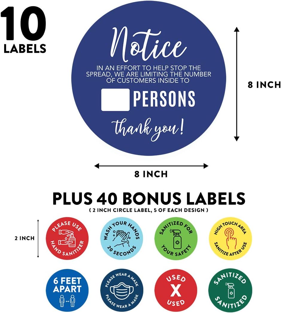 Andaz Press Custom Building Bathroom Office Social Distancing Maximum Occupancy Limit Customers Inside To X Persons Business Signs, 50 Labels, 10-Pack 8" Round Labels + 40-Pack 2" Vinyl Sticker Decals