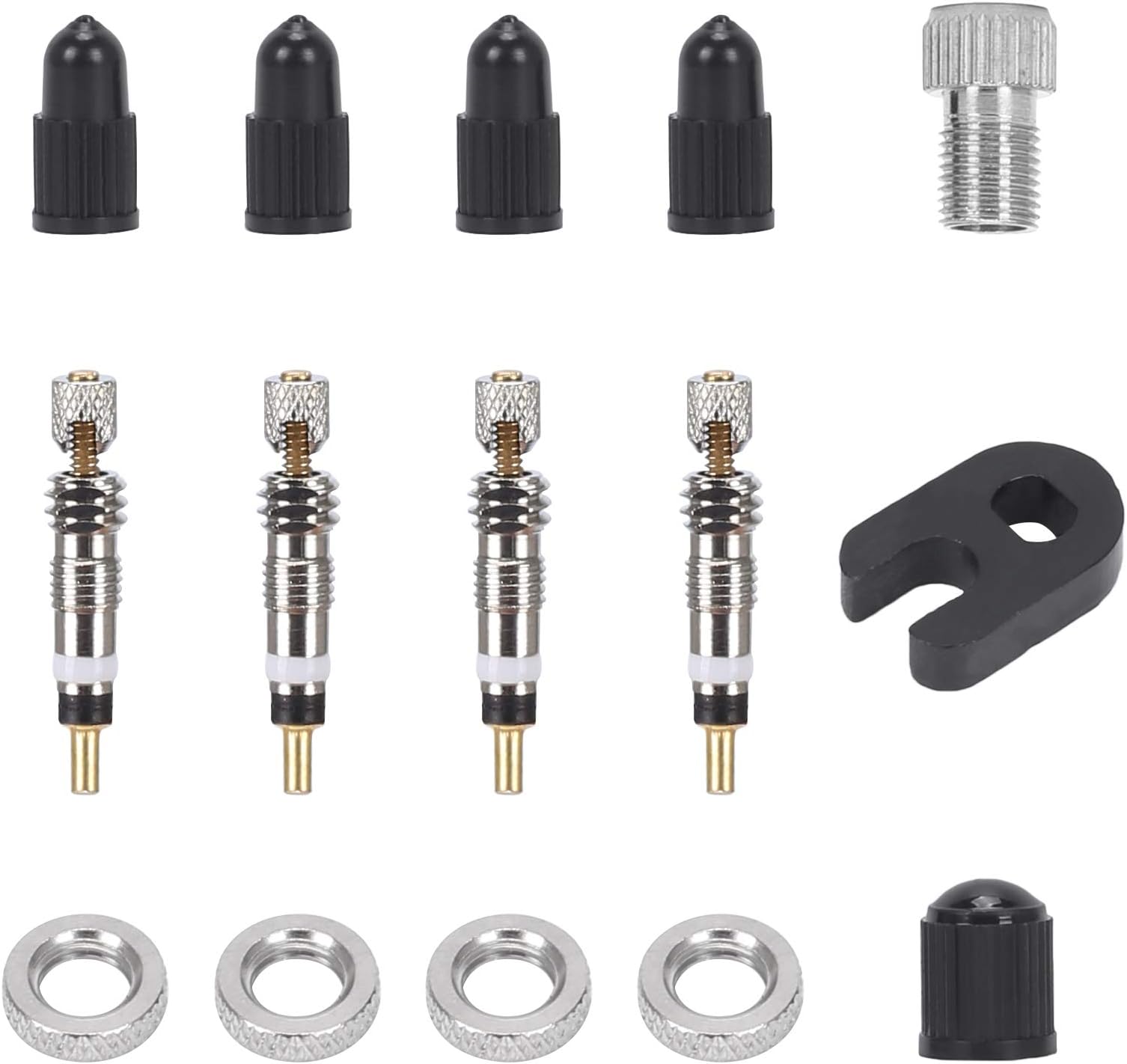 HUSZZM 15Pcs Presta Valve Core Replacement Set Brass Presta Valve Adapter French Valve Core Lock Valve Core Remover Caps Rim Nuts Kit and Plastic Caps Set for Tubeless Road and MTB Bike