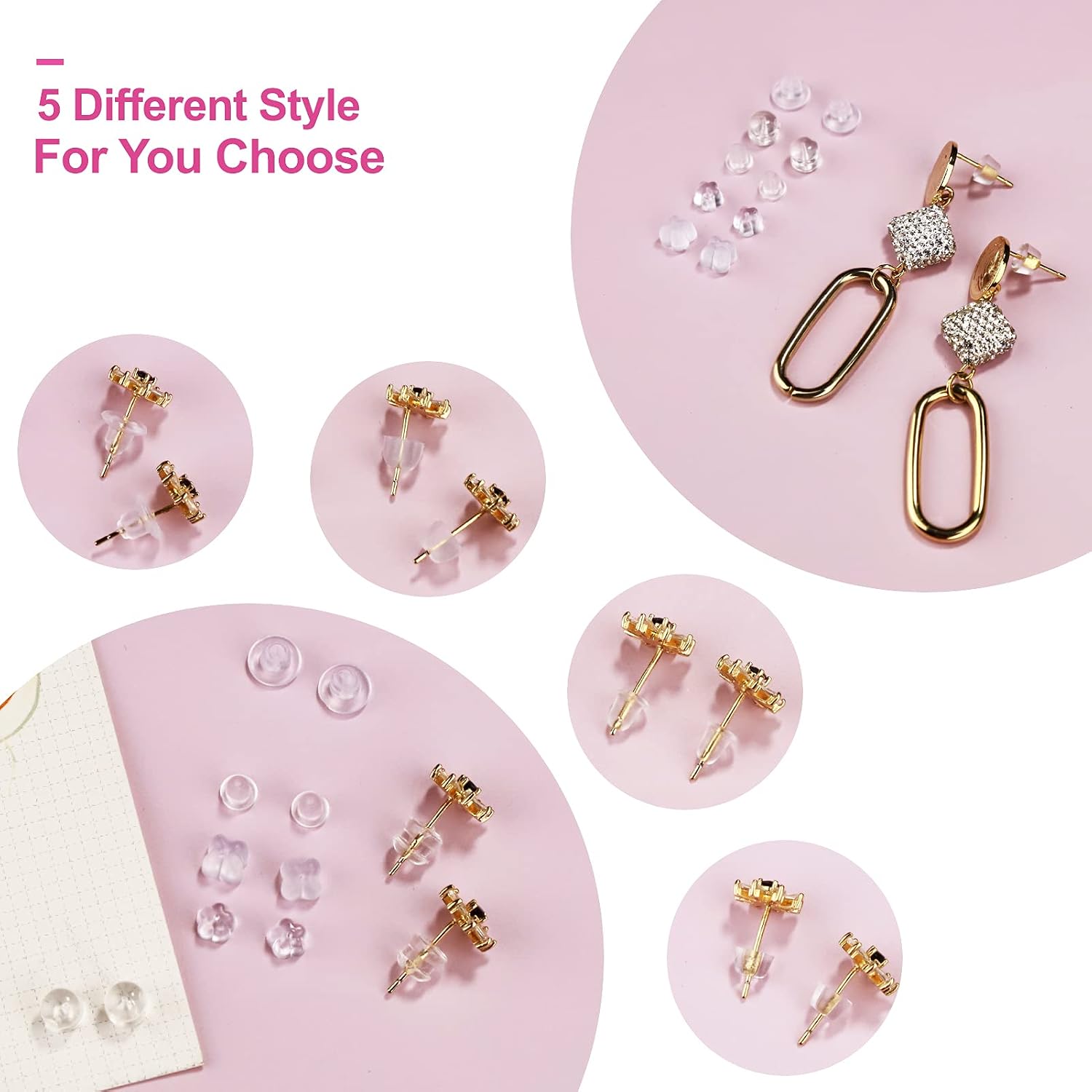 Yoget 5 Style Silicone Earring Backs, Soft Clear Safety Rubber Earring Backs, Ear Stopper Replacement for Earring Studs, Ear Hook, Each Style Sold by 100 Pairs