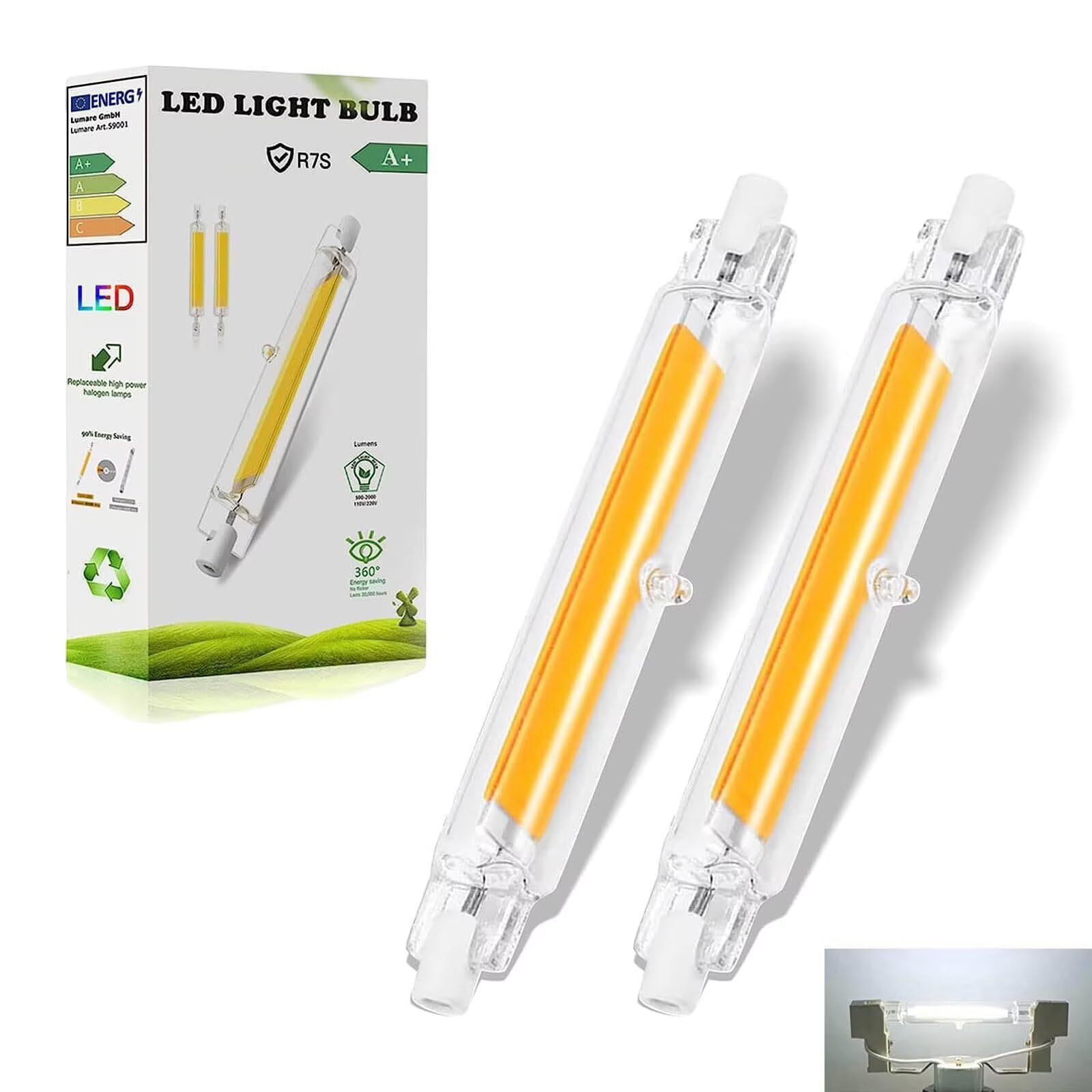 Dvnoua R7S Bulb 118mm LED Dimmable 20W, Cool White 6000K 2000LM, R7S LED Bulb 118mm Equivalent 200W Halogen Light Bulbs, Flicker-Free, 360° Light Angle, Energy Saving R7s Floodlight, 2 Pack