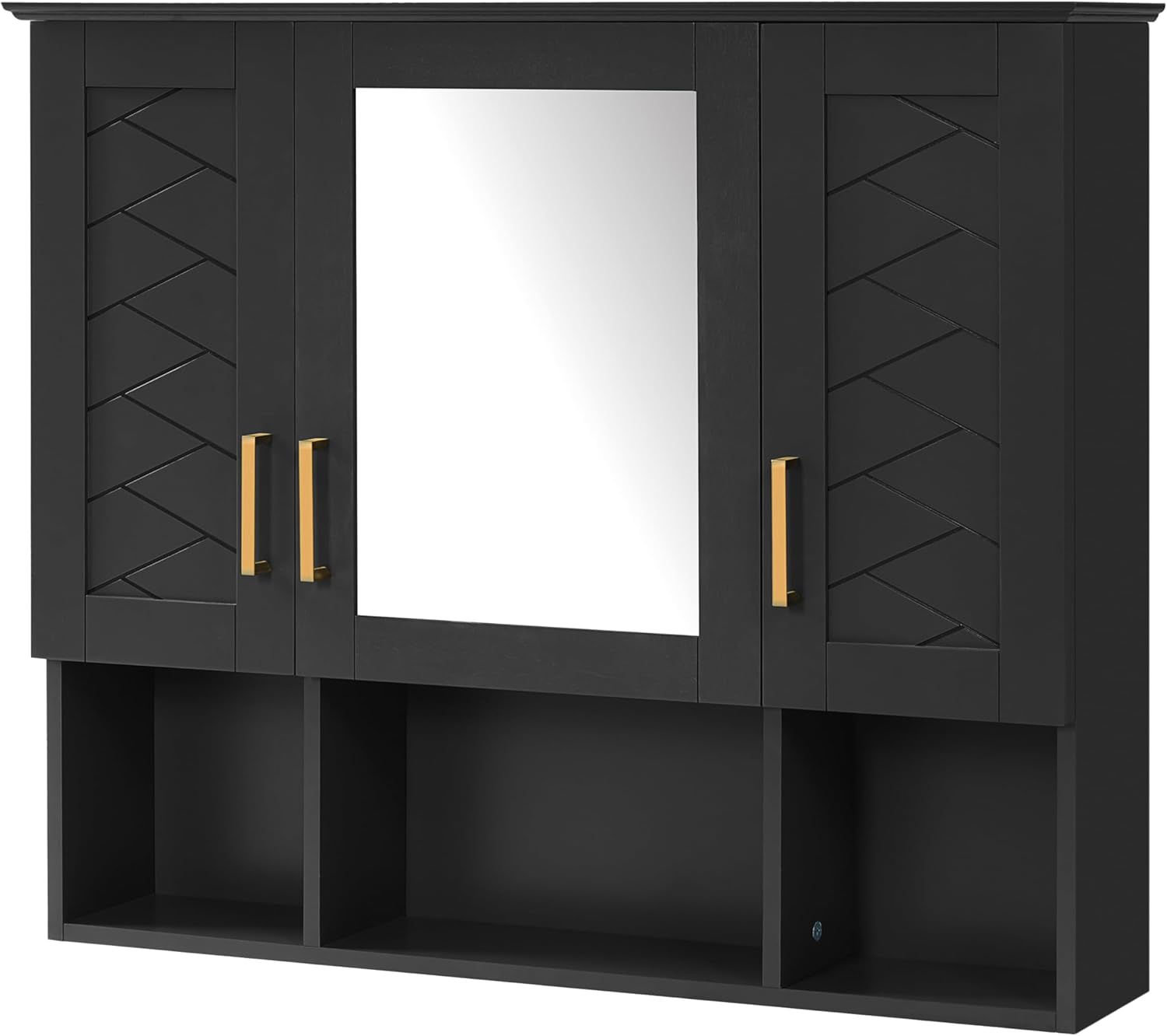 Marzzi Wall Mount Bathroom Medicine Cabinet, Bathroom Wall Cabinet with Mirror, Adjustable Shelves, and Open Space, 35" x 28" Mirrored Door Over Toilet Vanity Storage Cabinet Organizer