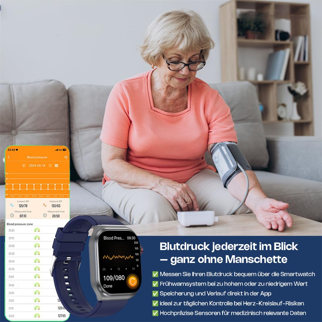 MEIION Ortho Leben Orthowatch Arca Smartwatch für Senioren – Einfache Bedienung, SOS-Notruf & Sturzerkennung, Echtzeit Herzfrequenz- & SPO₂-Überwachung für Schwimmen, Radfahren, Laufen, Fitness