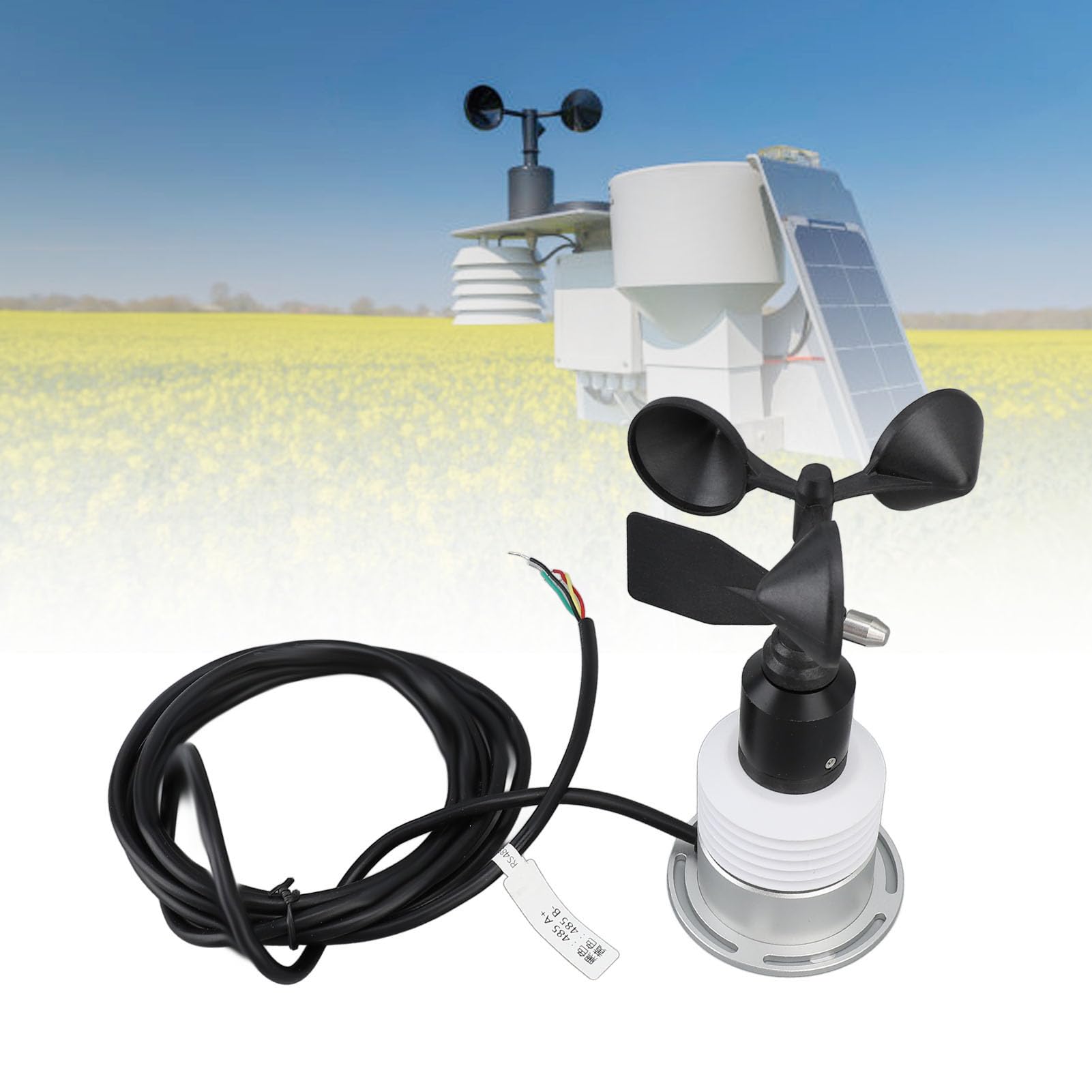 Wind Speed Sensor, Mini Temperature Humidity Wind Speed Direction, DC 9 to 30V 5 in 1 Weather Sensor with Cable for Wind Measurement in Power Plants, Meteorological Stations