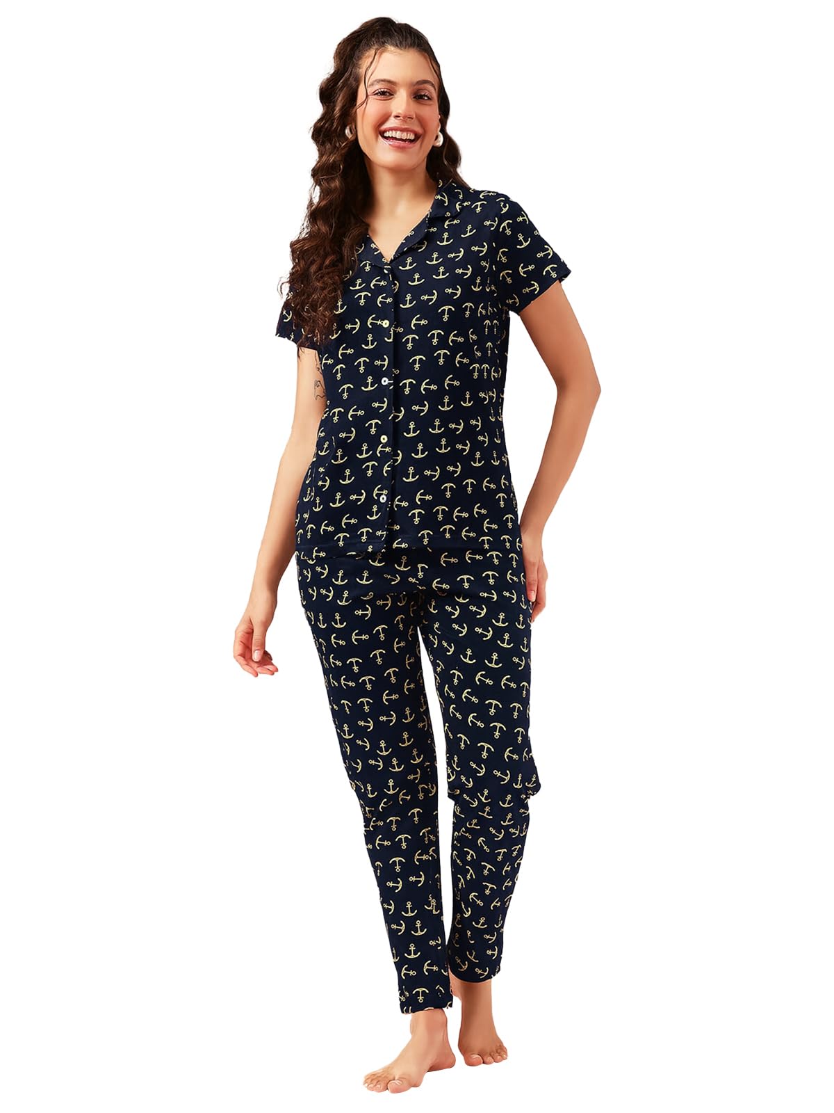 Clovia Women's Cotton Printed Button Down Shirt & Pyjama Night Suit Set