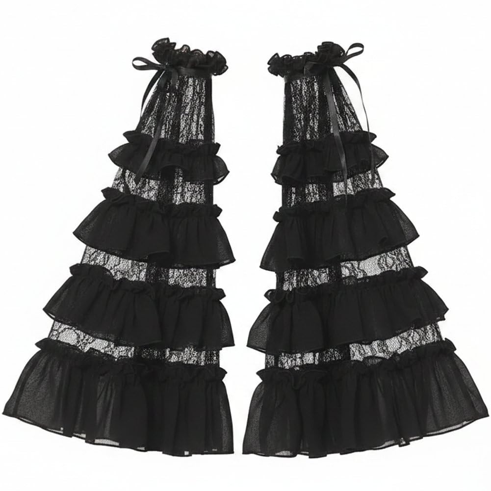 Fituenly Lolita Ruffled Flare Long Sleeve Gloves, Victorian Vintage Gothic Detachable Lace Cuff, Fingerless Chiffon Bell Sleeves for Blouse Dress Cosplay