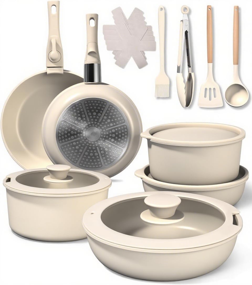 Kixolo Juego de 19 Ollas, Bateria de Cocina Y Sartenes Induccion, Sarten Ceramica Con Tapas, 2 Mango Desmontable, Antiadherentes, Sin Ptfe Y Pfoa, Sartenes Ceramica Para Todas Las Cocinas