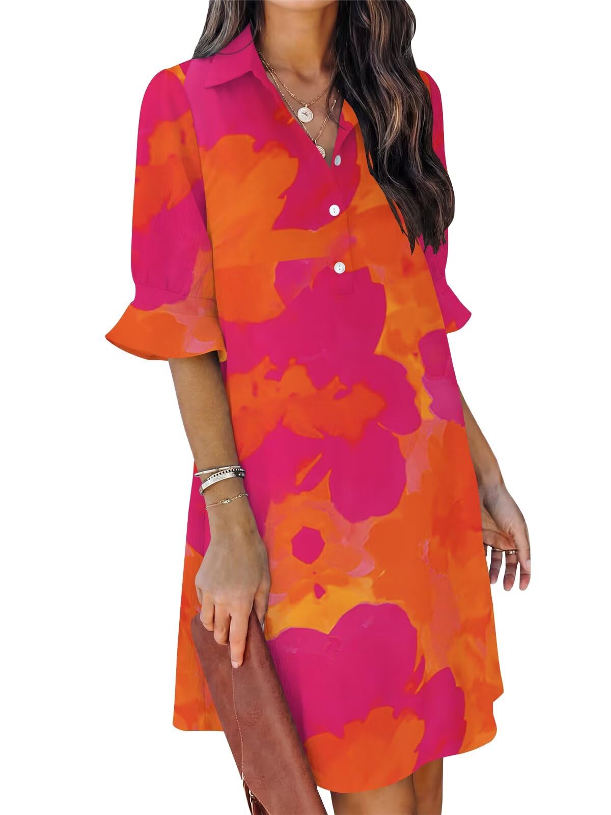 FEKOAFE Womens Casual Dress V Neck Short Sleeve Shift Dresses with Pockets