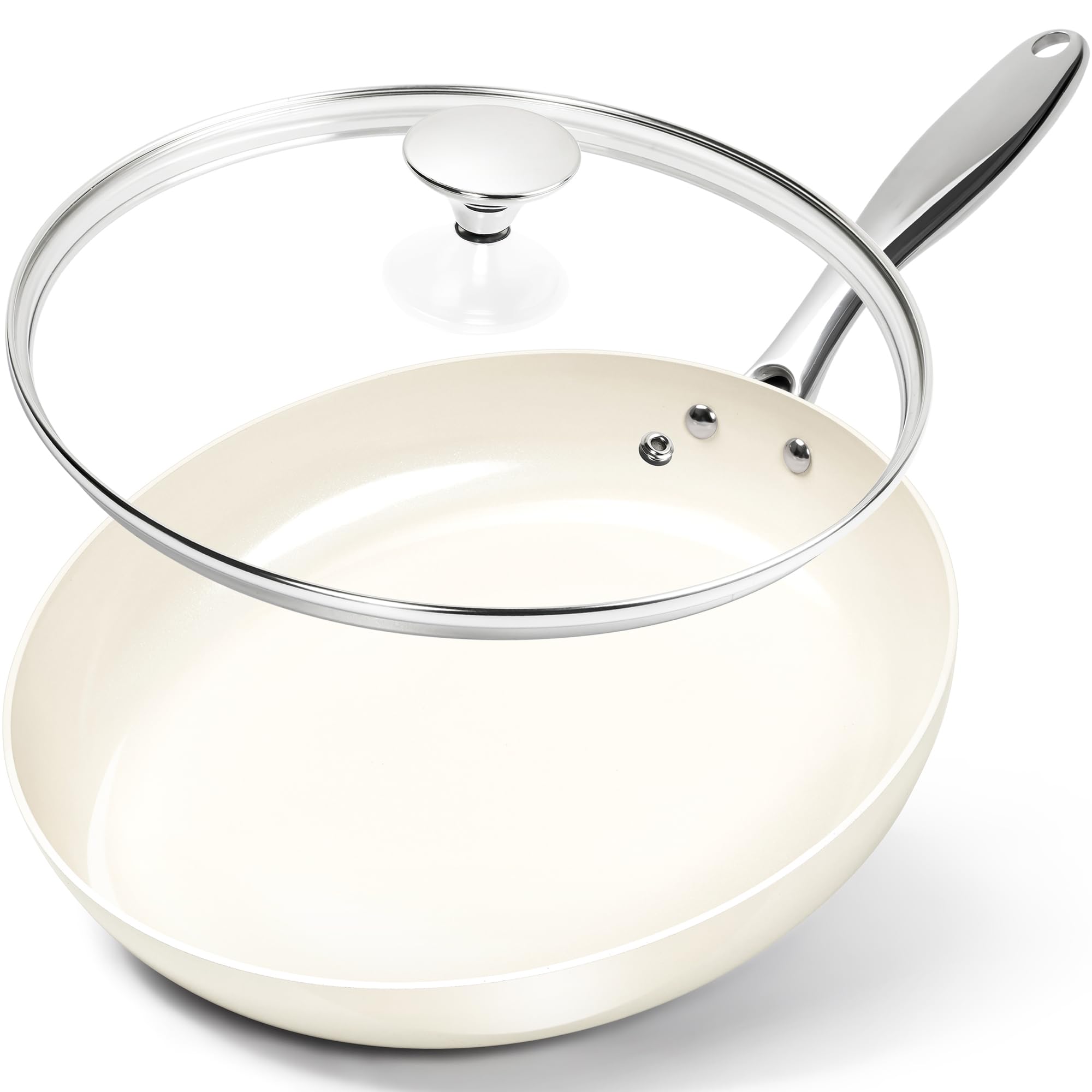MICHELANGELO Frying Pan 30cm, Ceramic Frying Pan with Lid, Induction Frying Pan Nonstick, Non Toxic Frying Pan, Ceramic-Coated, Cream White