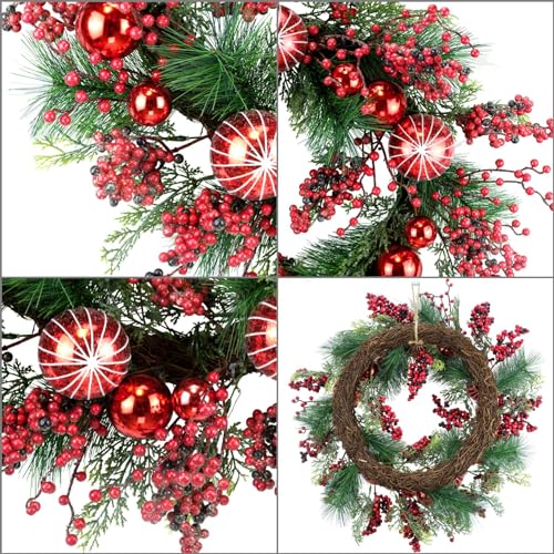 YULETIME 24" Red Berries Christmas Wreath, Artificial Holiday Wreath with Red & Purple Frosted Berries, Red Baubles, Green Leyland Cypress Branches & Pine Needles (Red Berries) by YULETIME - Image 8