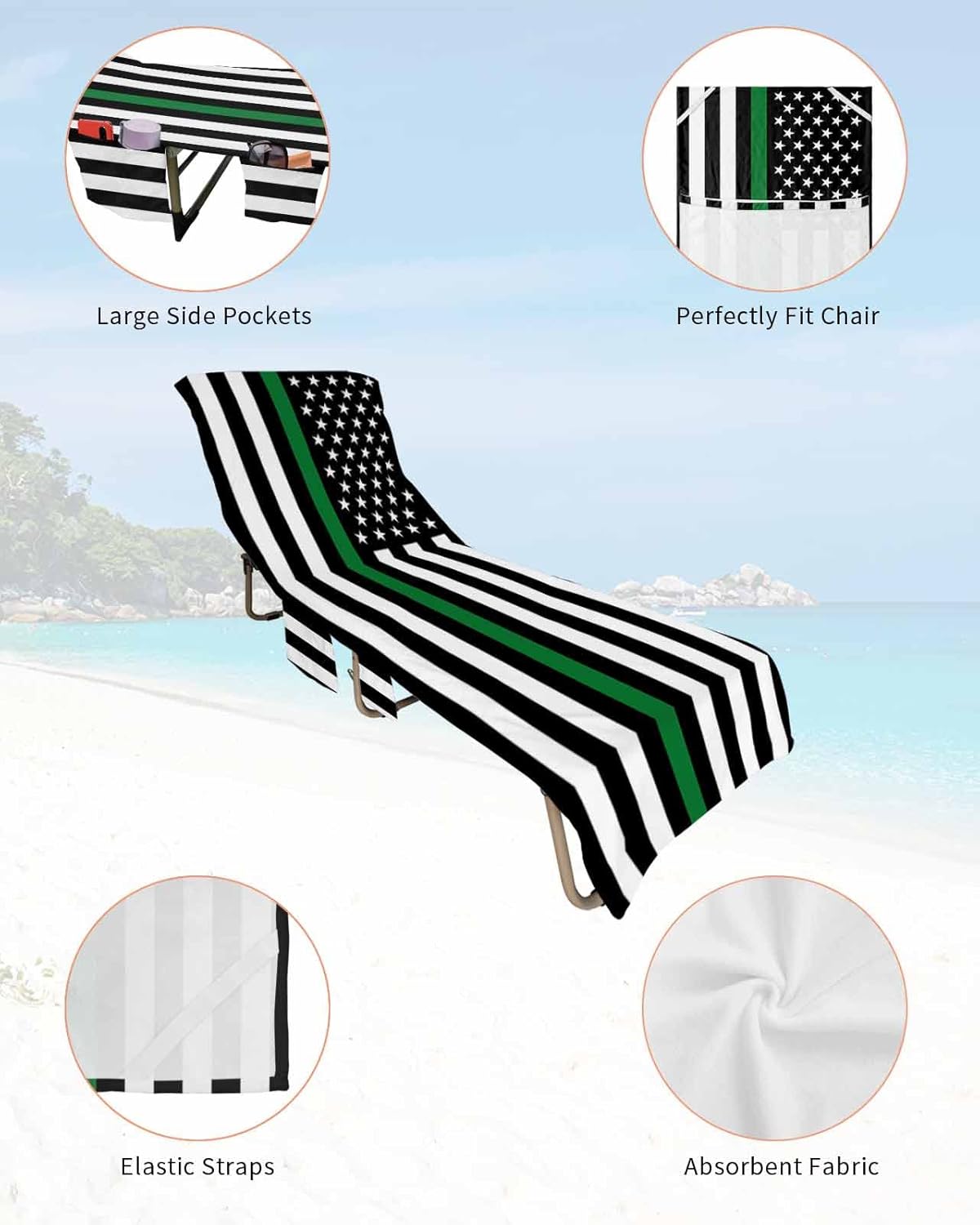 Green Black Beach Pool Patio Lounge Chaise Chair Cover Towel With Pockets,Absorbent & Quick Dry Microfiber Towel Cover Bag Summer Accessories for Sunbathing Country White Stars Federal Agents Flag