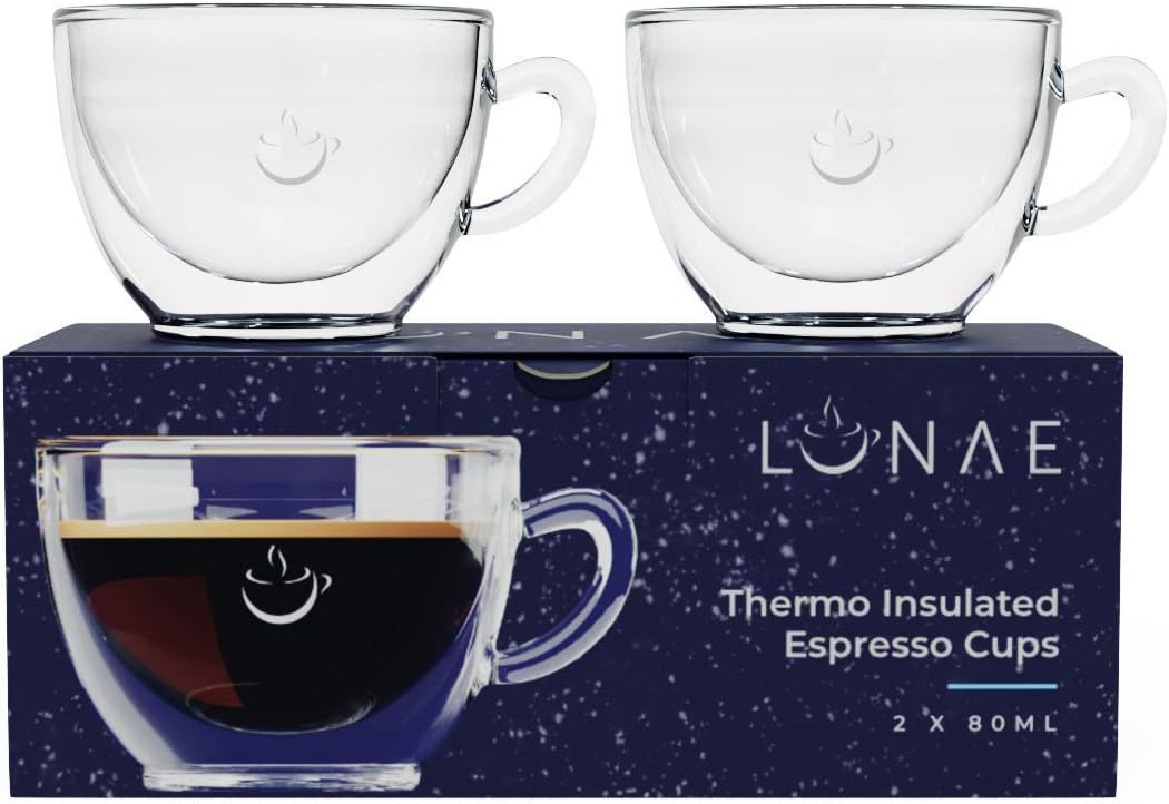 LunaeEspresso Cups, Double Walled Coffee Glass - 80ml (Set of 2)
