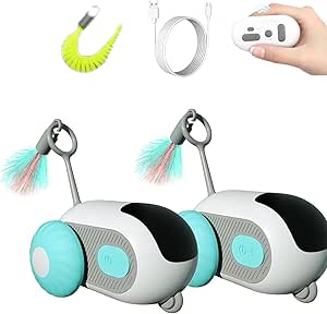 Milgeol Turbo Tail 3.0, Teazys Cat Toy Turbo Tail, Smart Remote Control Electric Interactive Cats Toy, Type-C Rechargeable Turbo Tail Mouse Cat Toy with Feathers(2 stuks Blauw en Oranje