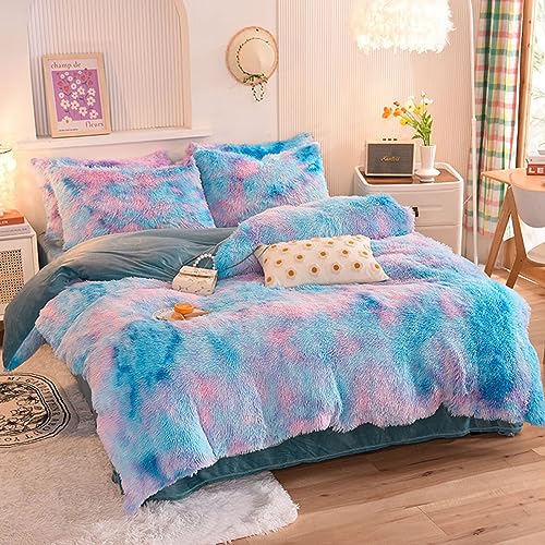 ZIQINPSQ Plush Shaggy Duvet Cover Set,Tie Dye Faux Fur Bedding Set for Teens Girls Soft Velvet Fluffy Fuzzy Comforter Cover Bed Set (Blue - Image 2