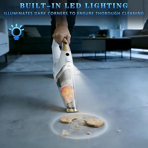 Miniatura 6 de Aspiradora de mano inalámbrica, inalámbrica con luz LED, succión fuerte de 6 kpa con tres tipos de cabezales de succión y filtros para limpieza del