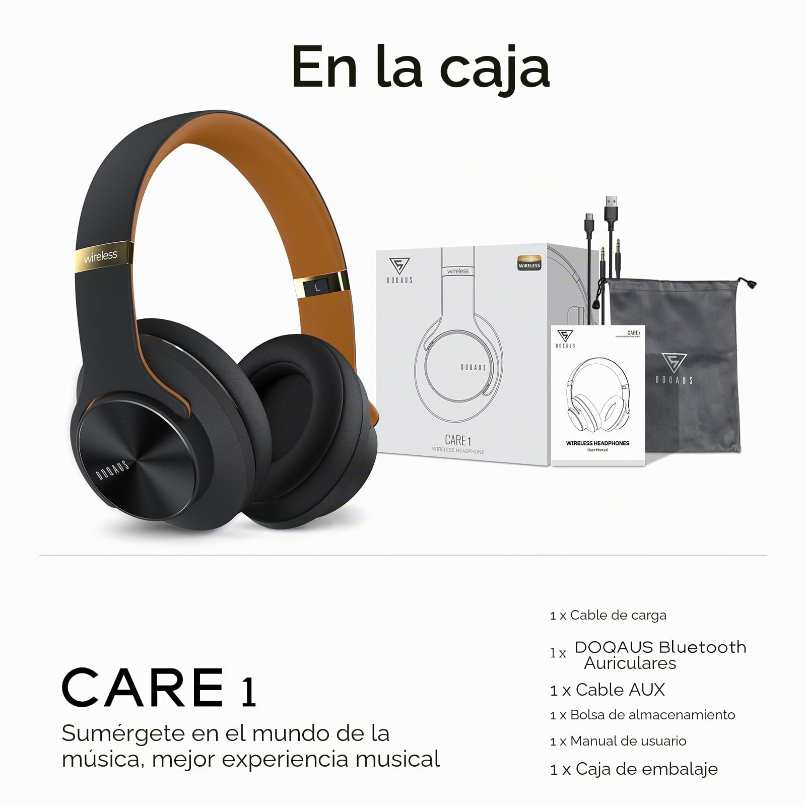 DOQAUS Auriculares Diadema[52 Hrs de Reproducir] Alta fidelidad Estéreo Cascos Inalámbrico Bluetooth con 3 Modo EQ,Micrófono Incorporado y Doble Controlador de 40 mm,para Móviles/PC/TV-Negro Marrón