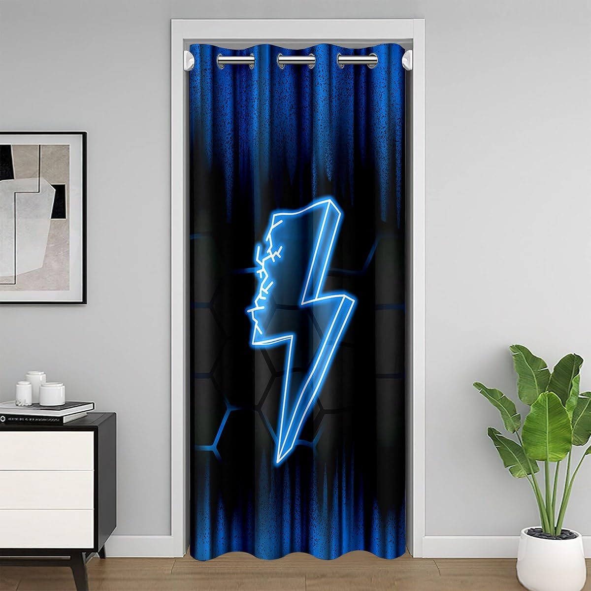 Homemissing Game Flash 30%-50% Room Darkening Blackout Curtain 86x203cm Boys Girls Ombre Door Curtain for Doorway Privacy For Kids Honeycomb Room Divider Curtain Cover Blue Black Window Treatments