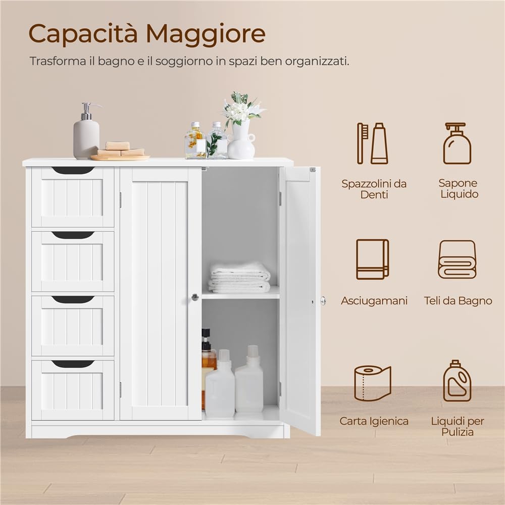 Yaheetech Mobile da Bagno con 4 Cassetti Mobiletto Portaoggetti Moderno con 2 Ante Armadietto Bagno Bianco Moderno Ripiano Regolabile 81 cm × 30 cm × 83 cm