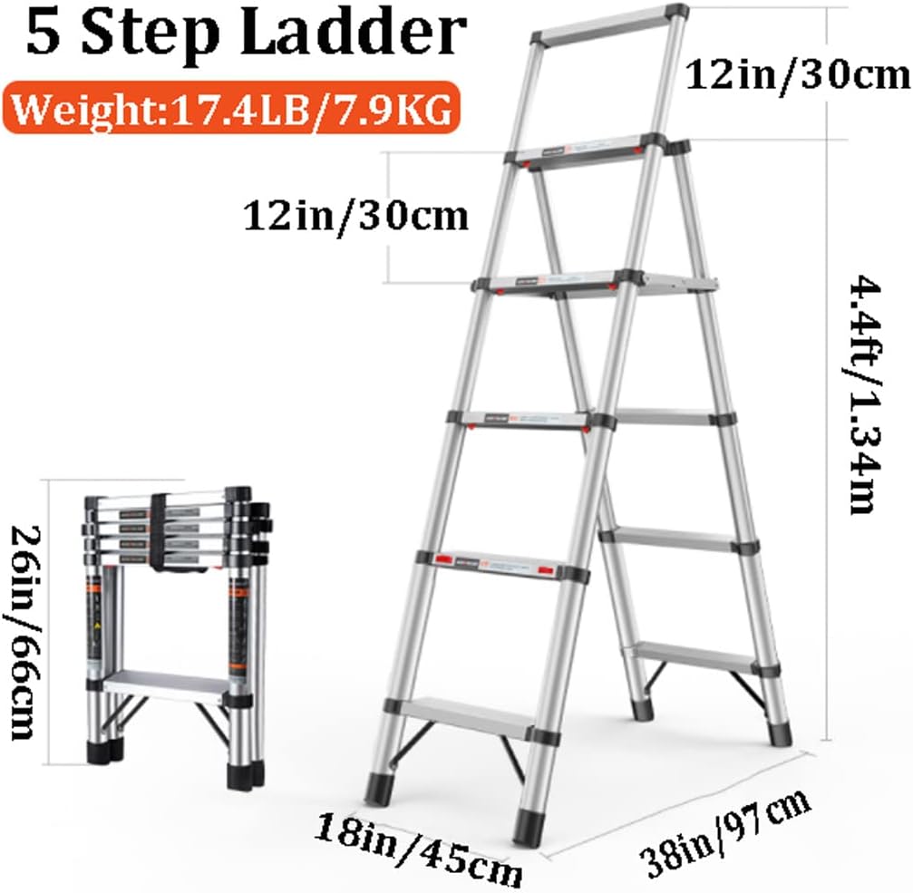 Telescoping Extension Ladder, Wide Pedal Multi-Purpose Ladder Aluminum A-Frame Telescoping Ladder Folding 5 Step Ladder with Home Ladders,150KG/330LB Capacity (Color : 5 Step Ladde