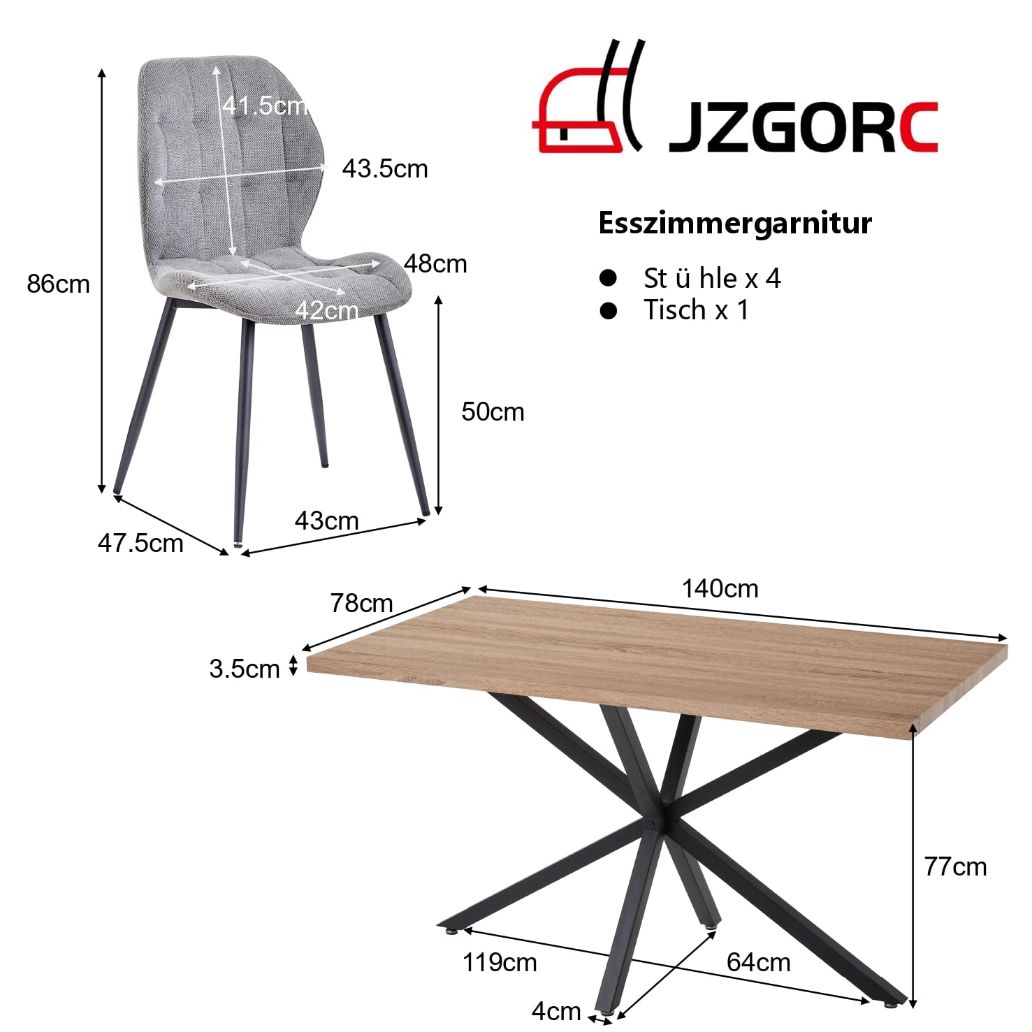 Conjunto de Mesa y Sillas de Comedor: Mesa Rectangular de 140 cm y 4 Sillas Tapizadas, Ideal para Comedor, Cocina y Salón - Color Claro + Gris Oscuro