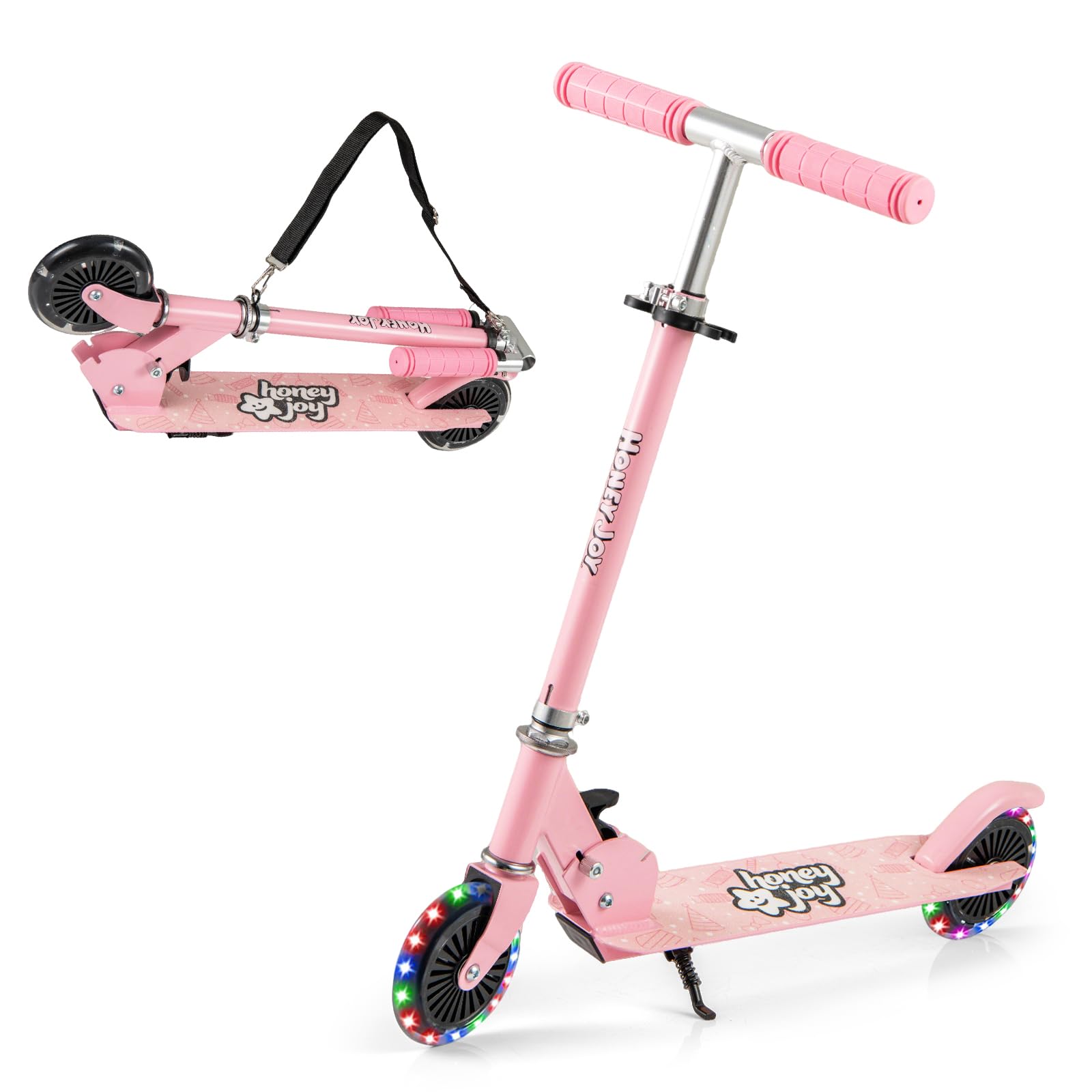 KOMFOTTEU Monopattino per bambini con 2 ruote a LED e freni, skateboard pieghevole con 3 altezze regolabili, in alluminio con carico 50 kg, per bambini