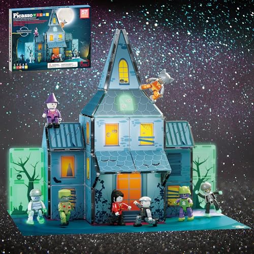 PicassoTiles Haunted House Theme Magnet Tile Building Blocks 8 Action Figures Magnetic Construction Toy Double Sided Printing Education STEM Learning Playset Halloween Adventure Kid Ages 3+ PTQ03