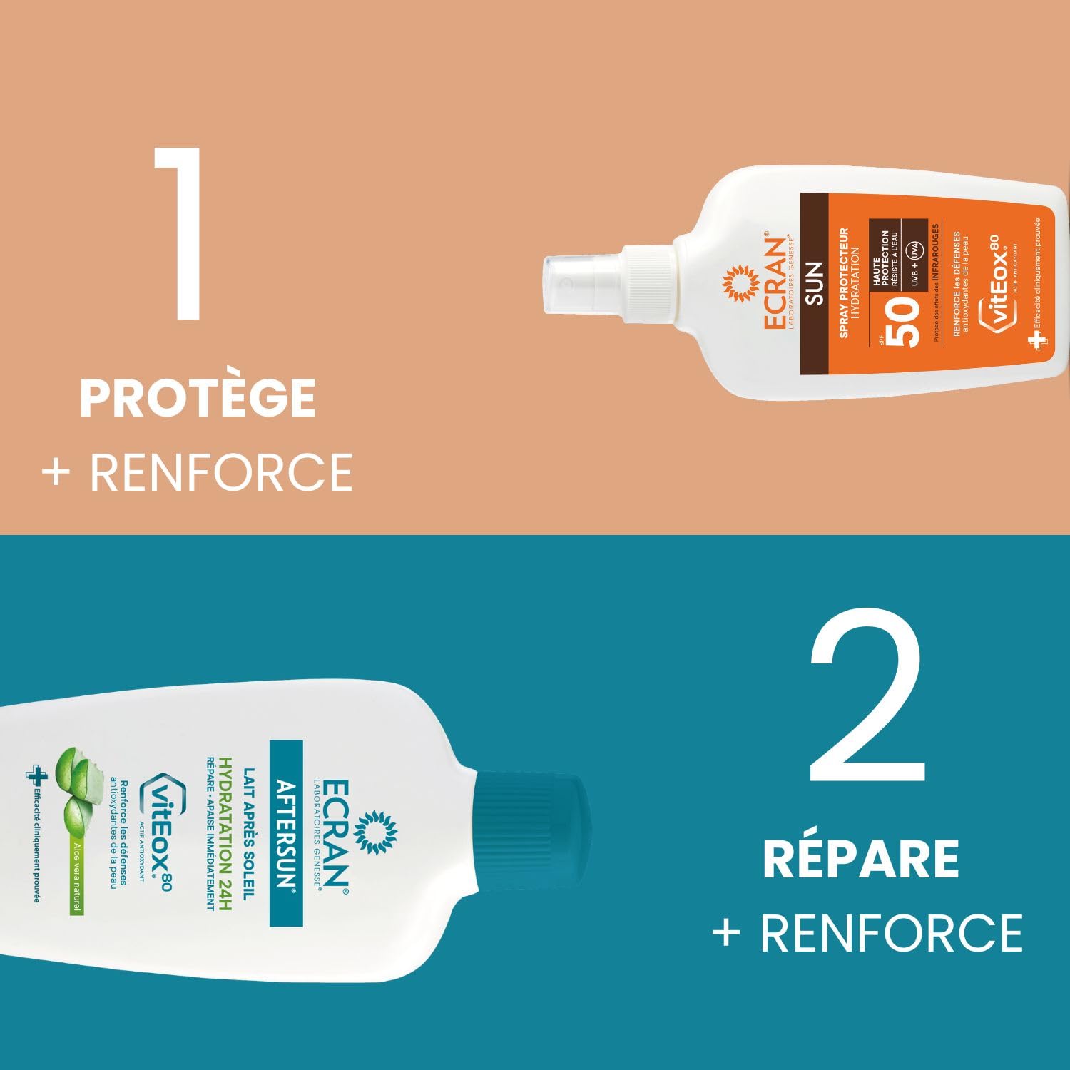 ECRAN® - Spray Protecteur Hydratant - Haute Protection - Technologie vitEox80 - Vitamine E - Protection UVA, UVB, Coups de Soleil - Protection Solaire SPF 50 - Bronzage naturel - Format Voyage