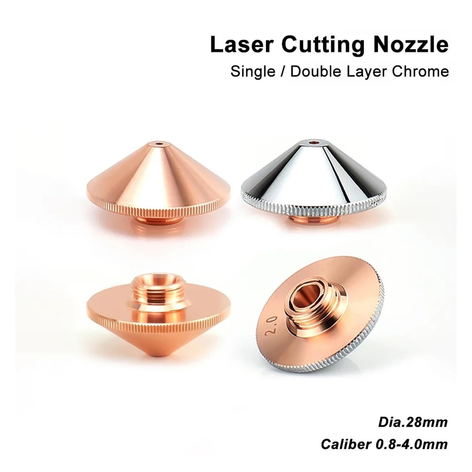 Części głowicy tnącej do światłowodów o średnicy 28 mm, kaliber 0,8-4,0 mm, pojedyncza, dwuwarstwowa, chromowana dysza laserowa