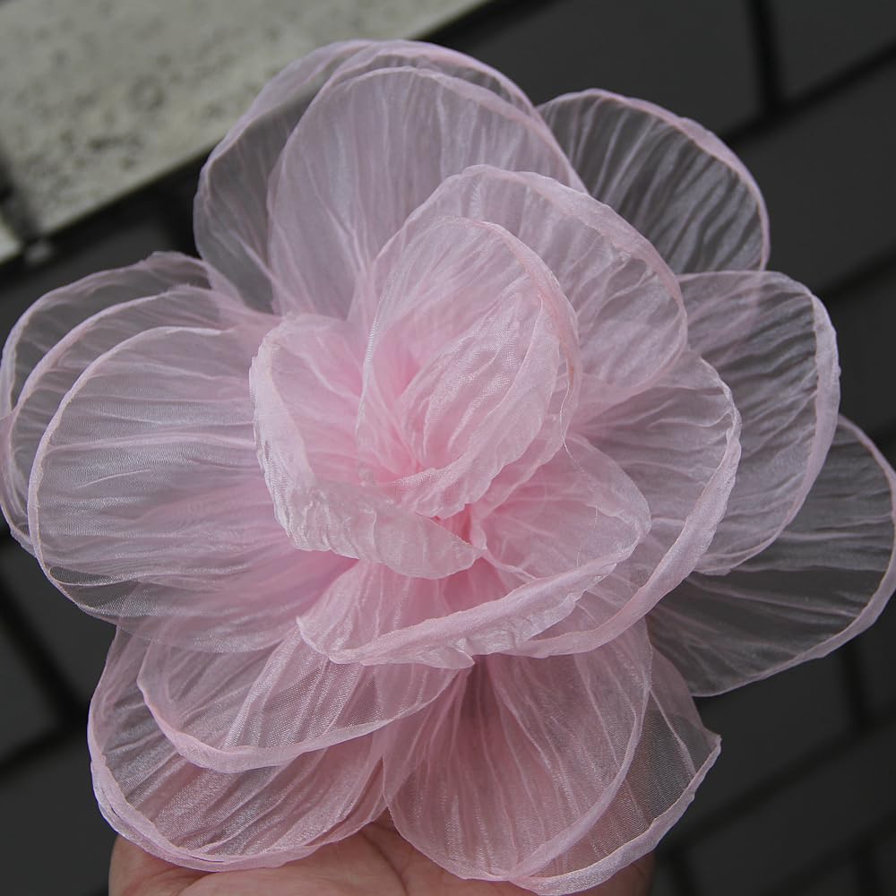 20cm 5Pcs Handcrafted Fairy Style Organza Flower, Large Decorative Fabric Peony, Wedding Party Decor Flower (5Pcs Lt Pink)