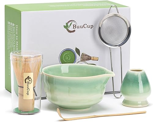 Juego de matcha japonés, cuenco de matcha con boquilla, batidor de matcha y soporte, cuchara de matcha de bambú y tamiz de acero inoxidable, kit de