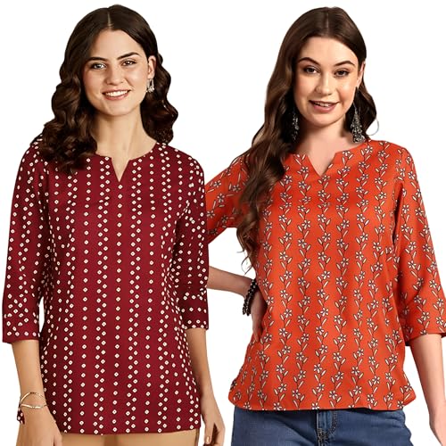 Image of Pinkmint Women's Printed Cotton Blend Short Kurti with 3 /4th Sleeve & Notch Neck l Casual & Office Wear Tunic Shirt Kurti