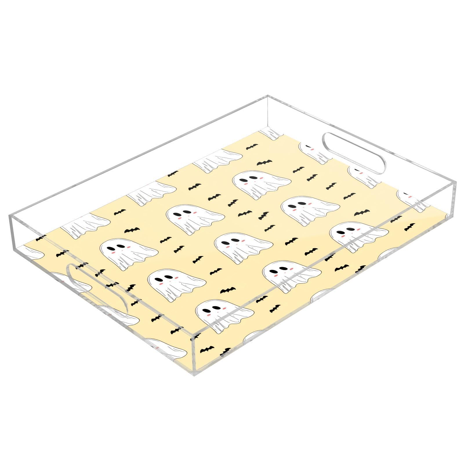 BOESI Halloween Ghosts and Bats Acrylic Decorative Dining Tray, Acrylic Decorative Tray Organizer with Handle for Kitchen, Dining Room, Bathroom, Dresser