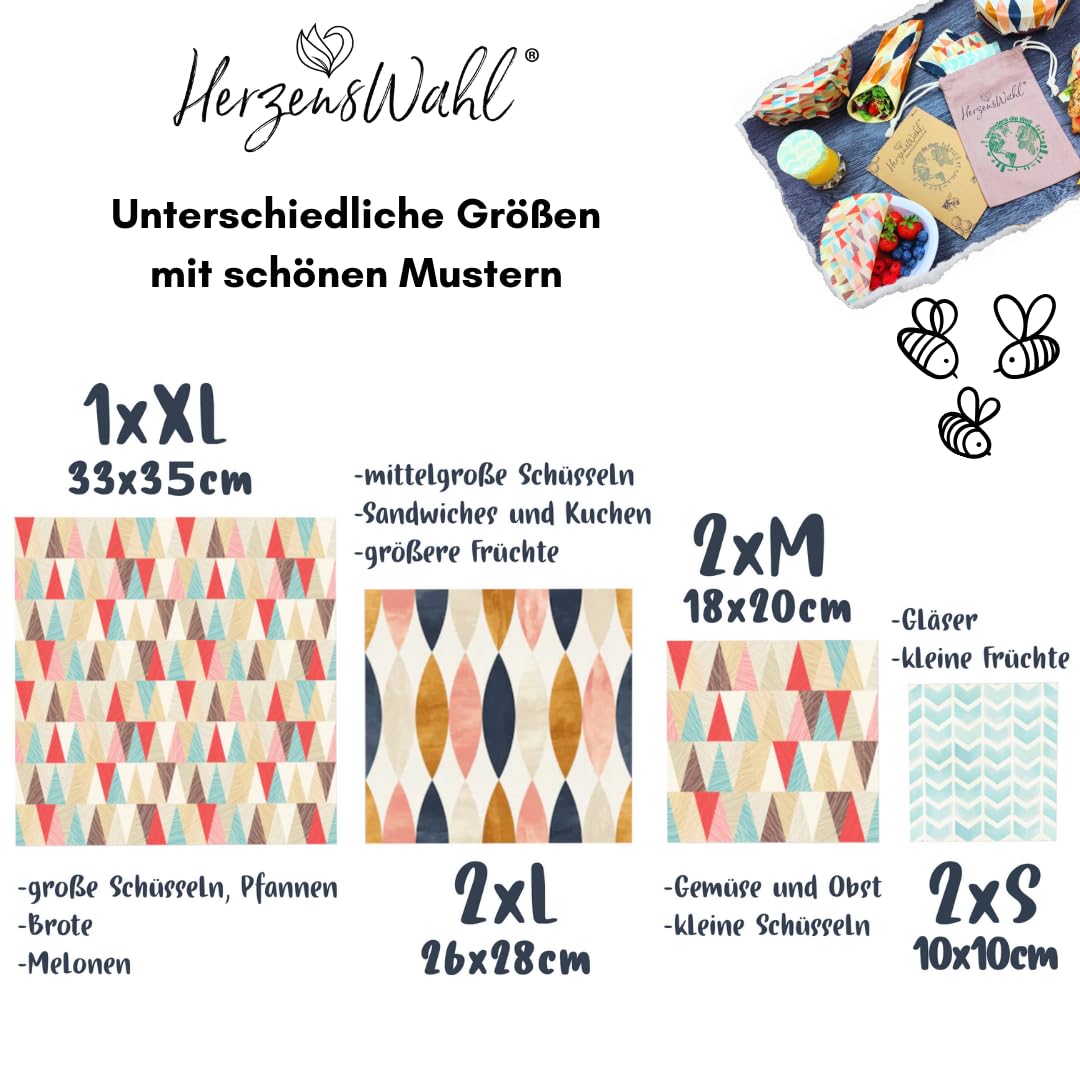 Bienenwachstücher 7er Set inkl. Bio Baumwollbeutel zur Aufbewahrung + Bienenwachsblock | Bio Bienenwachs Wachspapier | Zero Waste Wachstuch für Lebensmittel | Bees Wrap Bienenwachs