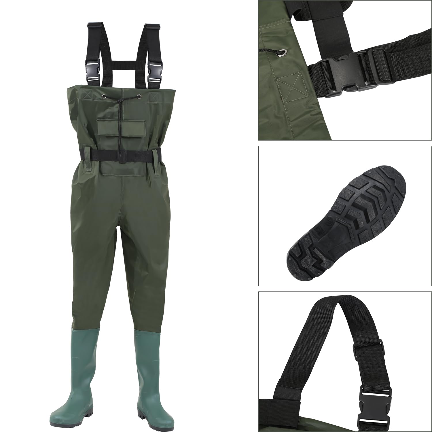 Fiqops Waders Imperméables Pantalon de Pêche avec Bottes Caoutchouc Antidérapantes