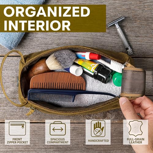 Image of Leather Toiletry Bag for Men & Women - Multifunctional Travel Organizer, Shaving Kit, Makeup Kit, Cosmetic Pouch - Travel Toiletries Gifts for Men