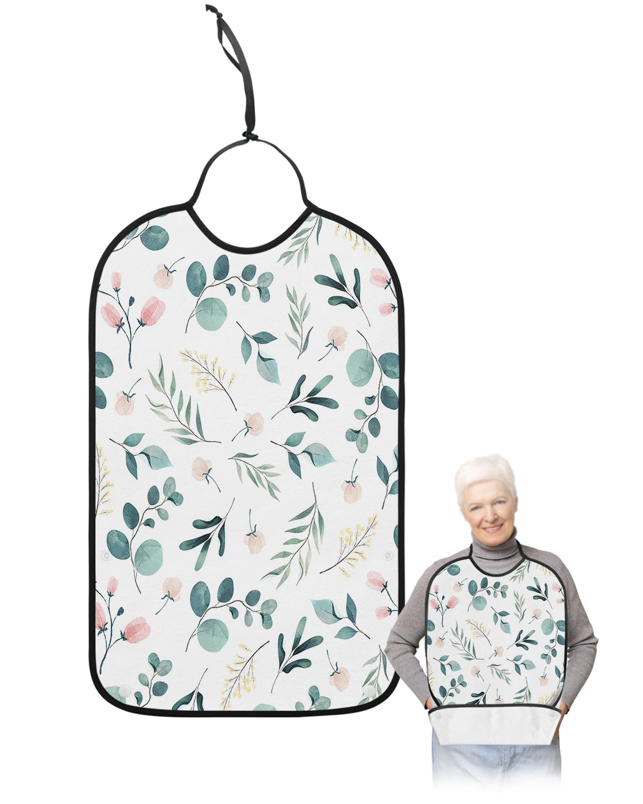 LEOKOTI Teal Pink Yellow Botanical Adult Bibs for Eating, Waterproof Bibs with Food Catcher & Adjustable Snap Closure, Spring Floral Summer Washable Clothing Protectors Adult Bibs for Elderly