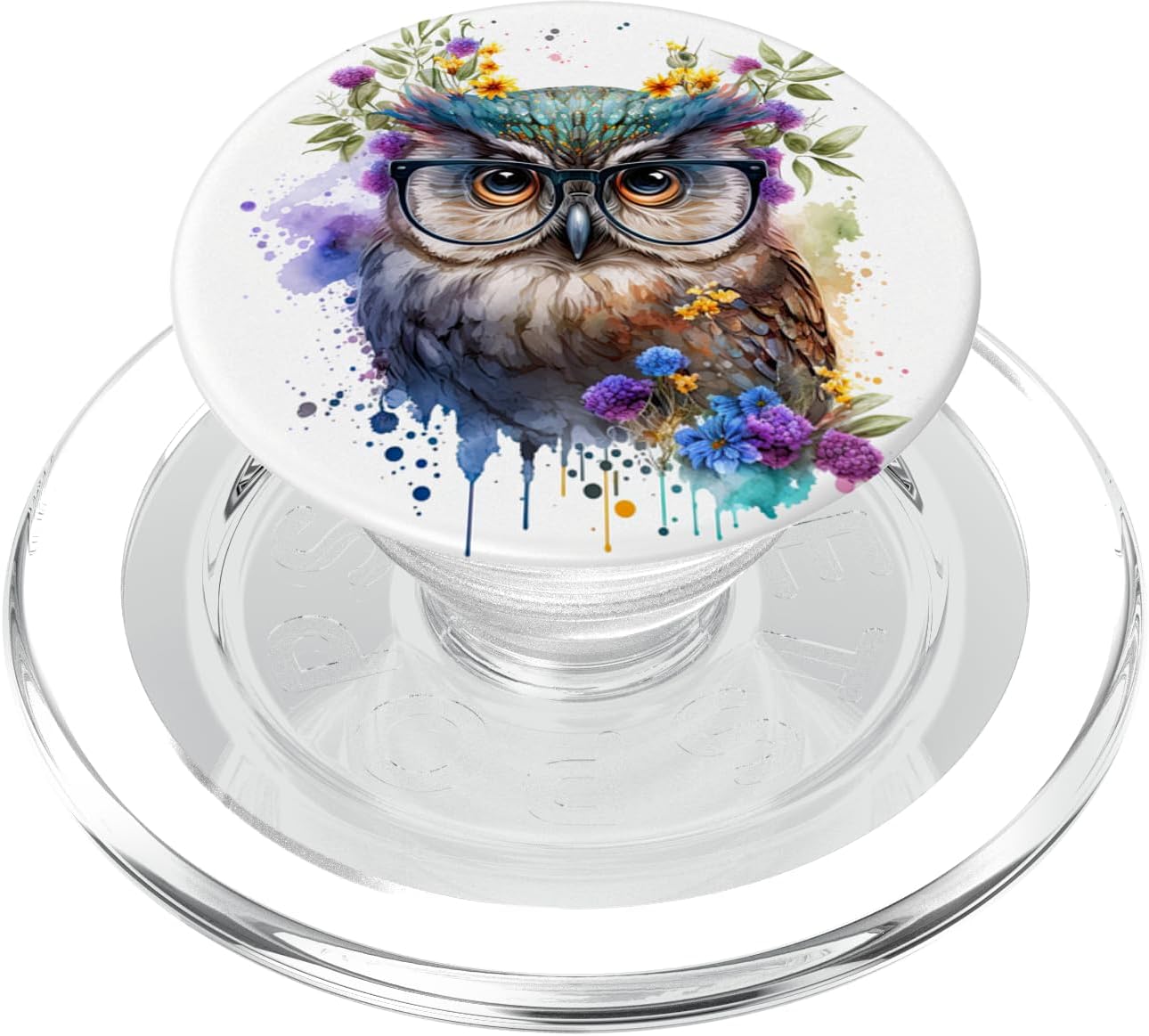 Cute Floral Owl In Glasses Watercolor Splash PopSockets MagSafe PopGrip for iPhone
