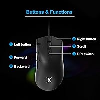 Vista 4 de FOXXRAY Ratón para juegos SM-91 RGB, 7200 DPI, mouse óptico ligero con cable de 2.12 oz con 7 botones programables, agarres antideslizantes, cable