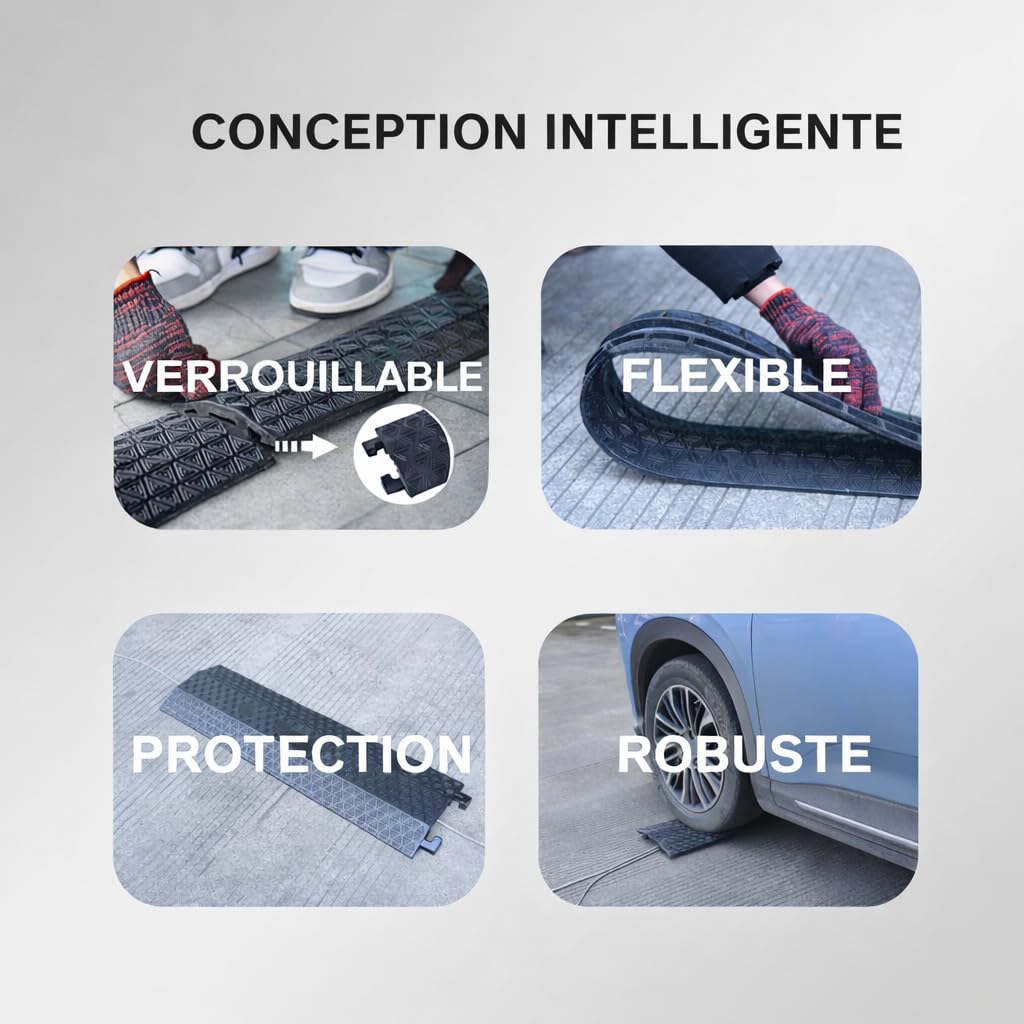 Couvre-Câble pour Sol, Protecteur de Câble de 80''/203cm, Rampe de Protection de Câble Robuste pour Parkings, Entrepôts et Maisons (Petit modèle, 4 pièces)