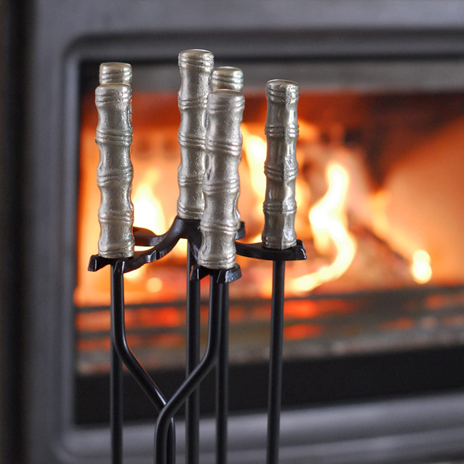 Set di attrezzi per caminetto con maniglia, 5 pezzi in ferro per camino con piedistallo, kit di accessori in legno antico per esterni