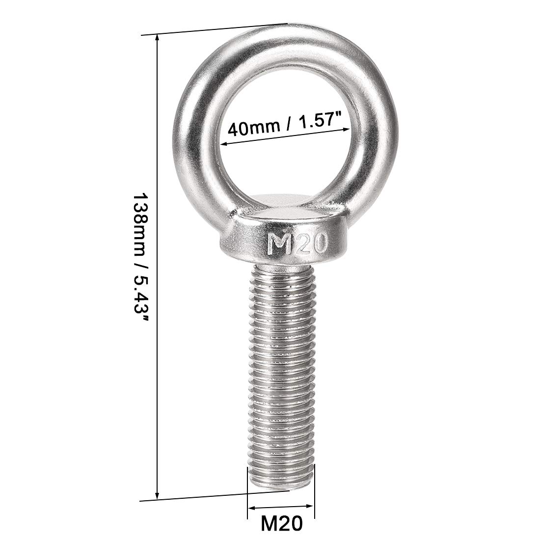sourcing map Elevación Ojal Perno M20 x 70mm Macho Rosca 304 Inoxidable Acero para Colgante, Paquete de 1