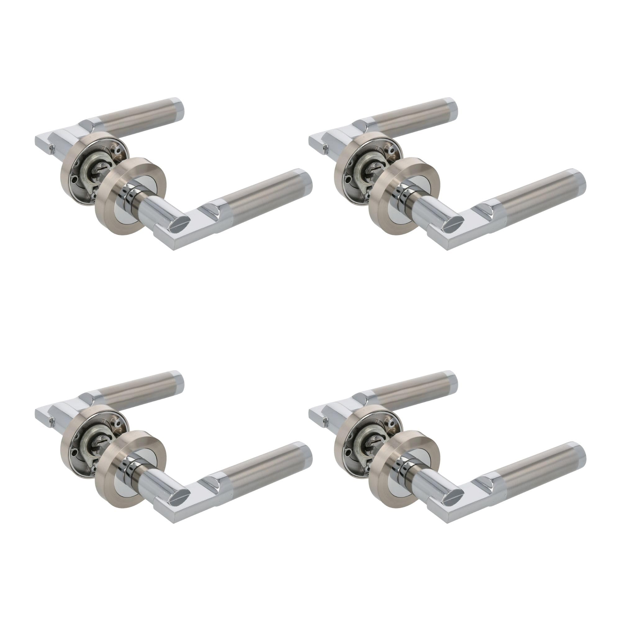 Amig - Pack de 4 Juegos de Manillas de Roseta para Puertas - Mod. RUMI - Ø52 mm - Cuadradillo de 8 mm - Manija de Diseño Elegante y Sencillo - Aluminio Níquel Cepillado