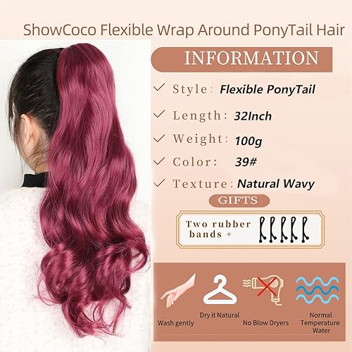Miniatura 2 de ShowCoco Extensión de cola de caballo larga y rizada de 32 pulgadas, extensiones de cabello sintético largo y rizado, cola de caballo ondulada,