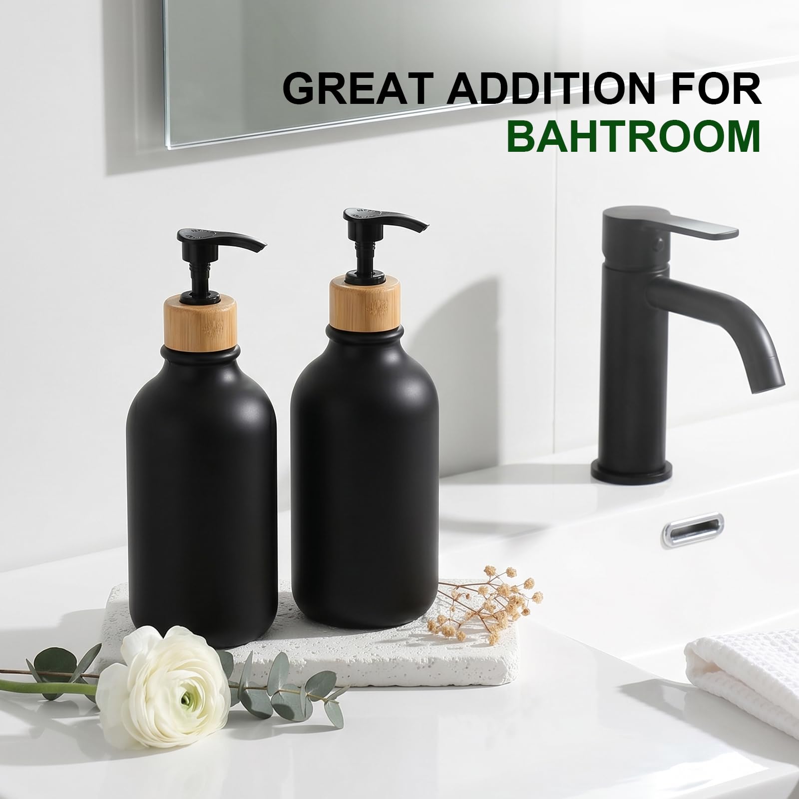 KASUNTING Dispensador de jabón negro, paquete de 4 dispensadores de jabón de manos para baño con bomba de bambú, juego de dispensador de manos y platos de plástico de 17 onzas líquidas para cocina,