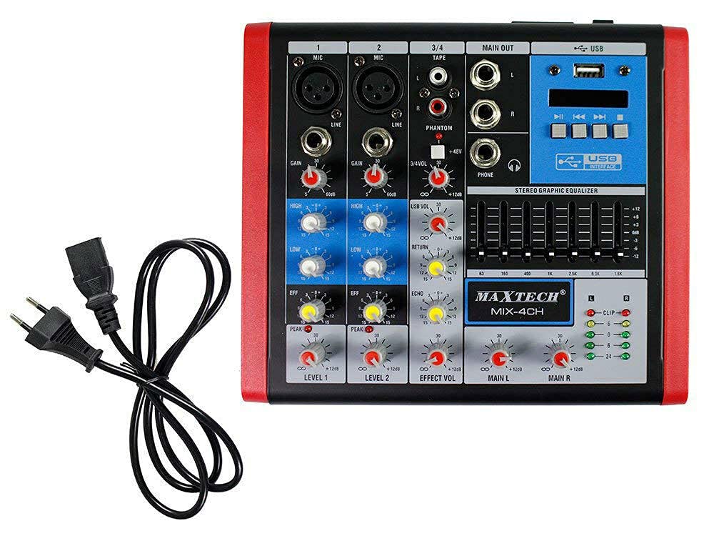 Vetrineinrete® Mixer audio 4 canali con equalizzatore e display led suono Mp3 usb Rca ingresso microfoni XLR alimentazione phantom 48v DJ musica MIX-4CH G39