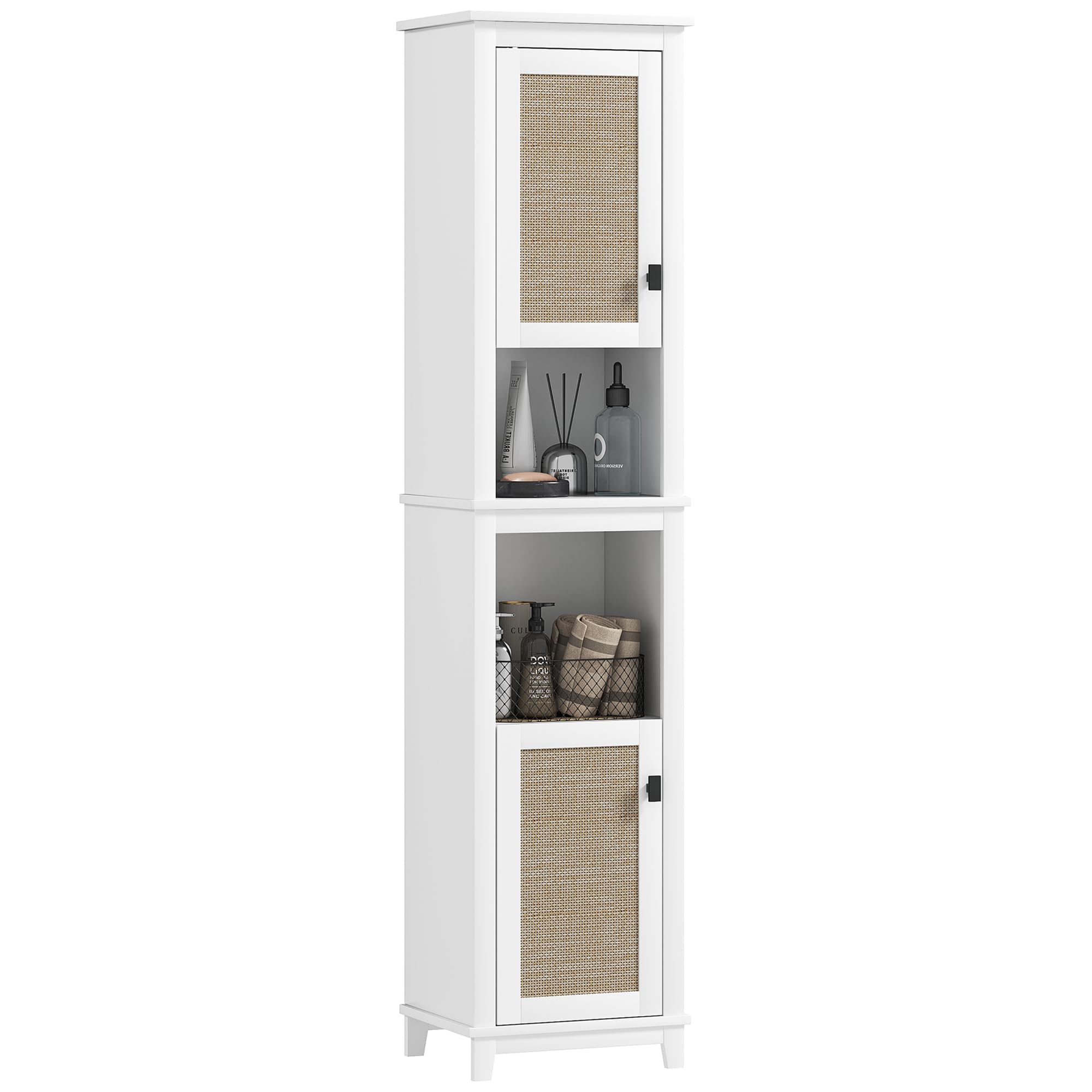 HOMCOM Columna de Baño 2 Puertas y 2 Compartimentos 40x30x167,5 cm Blanco | Frontal de Ratán, Armario Alto de Baño Boho, Estantes Ajustables