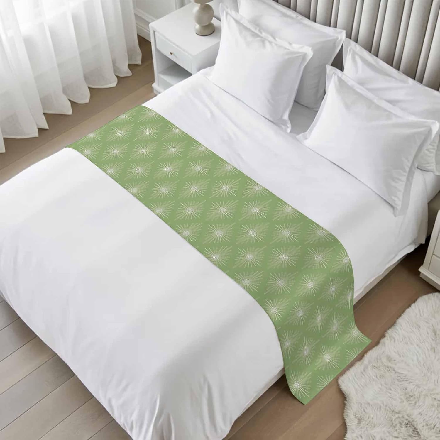 Sage Green Dotted Lines Bed Runner Cal King Size, Geometric Abstract Art Bed Scarf Protector Slipcover for Bedroom Wedding Room Hotel, Bedding Runner Throws for Foot of Beds 102"x20"