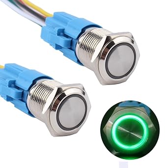 2pcs 16mm Metal Latching Push Button Switch 12V-24V ON-Off 5Pins 1NO 1NC with Pigtail for 5/8 Mounting Hole Waterproof Silver Shell Halo Ring Green LED Light