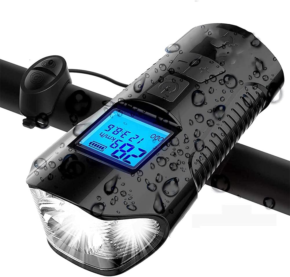 BIKUUL LED Bike Front Light Set with Horn and Speedometer, USB Rechargeable, IPX5