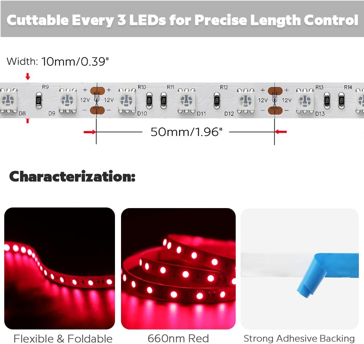 12 Volt 660nm Red Flexible LED Strip Light, 5m/16.4ft 72W Soft Cuttable 660 nm-670 nm Deep Red Light LED Tape, IP20 Non-Waterproof Grow Lights for Indoor Plants (660nm, 300 LEDs, 5050 SMD)
